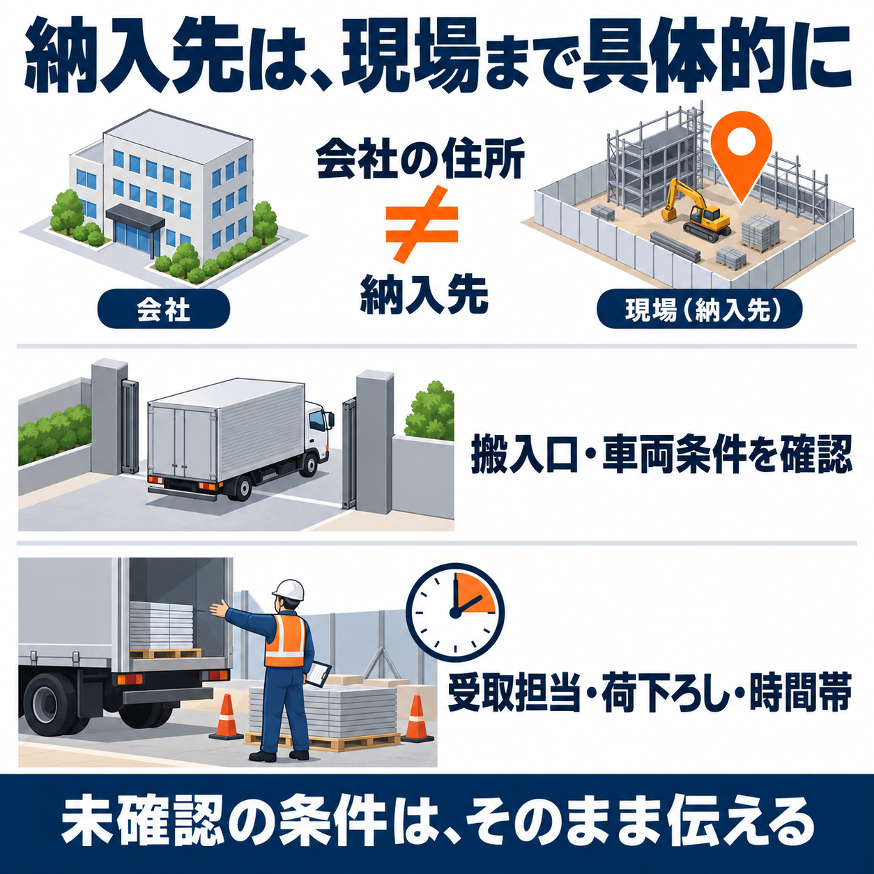 会社所在地と実際の納入先を分け、搬入口・車両条件・受取担当・荷下ろし・時間帯を確認する