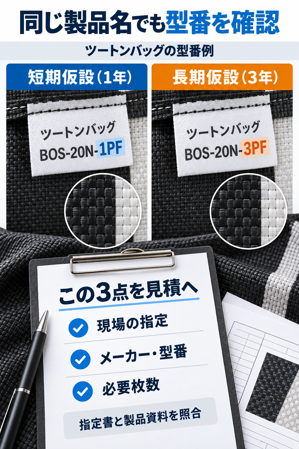 ツートンバッグの型番例として短期仮設1年のBOS-20N-1PFと長期仮設3年のBOS-20N-3PFを分けて照合する図